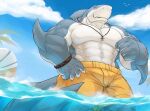  abs anthro biceps big_muscles blue-grey_skin bottomwear bracelet cinna-tree claws clothing detailed_background fin fin_piercing fish furgonomics furry-specific_piercing hi_res jewelry male marine muscular muscular_anthro muscular_male necklace pecs piercing red_eyes shark sharp_claws shorts sky solo water white_body white_skin yellow_bottomwear yellow_clothing yellow_shorts 