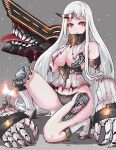  1girl absurdres abyssal_ship black_panties breasts claws damaged dress highres horns kantai_collection large_breasts long_hair mechanical_parts mittens pale_skin panties rasen_manga red_eyes ribbed_dress seaport_princess short_dress single_horn solo sweater sweater_dress torn_clothes underwear very_long_hair white_hair 