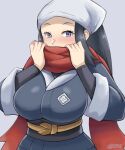  1girl alternate_breast_size artsheops black_hair blush breasts eyelashes female_protagonist_(pokemon_legends:_arceus) grey_background head_scarf heart highres japanese_clothes kimono large_breasts light_blush looking_at_viewer pokemon pokemon_(game) pokemon_legends:_arceus purple_eyes red_scarf scarf scarf_over_mouth solo upper_body 