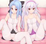  &gt;:) 2girls absurdres bangs bare_shoulders black_bow black_skirt blue_hair blush bow breasts cameltoe camisole cleft_of_venus closed_mouth couch empty_eyes expressionless feet_out_of_frame granblue_fantasy hair_between_eyes hair_bow hairband half_updo highres huge_filesize indoors knee_up large_bow len_(tsukihime) light_purple_hair long_hair looking_at_viewer medusa_(shingeki_no_bahamut) mogtate multiple_girls on_couch pantyhose parted_bangs pink_hairband pointy_ears purple_skirt red_eyes shingeki_no_bahamut sidelocks sitting skirt skirt_up sleeveless small_breasts smile spaghetti_strap spread_legs strap_slip sweatdrop thighband_pantyhose tsukihime white_camisole white_legwear 
