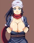  1girl areolae blue_eyes blue_hair breasts cleavage female_protagonist_(pokemon_legends:_arceus) head_scarf large_breasts long_hair looking_at_viewer pokemon pokemon_(game) pokemon_legends:_arceus red_scarf sash scarf simple_background smile solo ttrop 