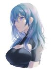  1girl artist_name bangs black_shirt blue_eyes blue_hair breasts byleth_(fire_emblem) byleth_(fire_emblem)_(female) cleavage_cutout closed_mouth clothing_cutout cropped_arms cropped_torso fire_emblem fire_emblem:_three_houses frown hair_between_eyes highres long_hair medium_breasts moja_(moquackja) shiny shiny_hair shirt short_sleeves simple_background solo straight_hair white_background 