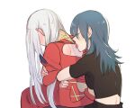  2girls back back_cutout bangs black_clothes black_shirt blue_hair blush breasts byleth_(fire_emblem) byleth_(fire_emblem)_(female) closed_eyes clothing_cutout collar commentary_request crossed_arms dress ear_blush edelgard_von_hresvelg embarrassed eyebrows_visible_through_hair fire_emblem fire_emblem:_three_houses from_behind hair_between_eyes hug hug_from_behind licking licking_back long_hair long_sleeves multiple_girls puffy_long_sleeves puffy_sleeves red_dress riromomo shirt short_sleeves sidelocks simple_background tongue tongue_out turtleneck white_background white_hair yuri 