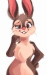  2021 anthro brown_body brown_eyes brown_fur buckteeth cheek_tuft facial_tuft female fur head_tuft hi_res lagomorph leporid light lighting looking_at_viewer mammal open_mouth open_smile rabbit shaded simple_background smile solo teeth tohupo tuft whiskers white_background 
