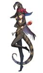  1girl bone character_request commentary_request copyright_request food hat highres kokutan_kitsunen lizard_girl lizard_tail looking_at_viewer meat mole purple_hair ribbon solo tail wand witch_hat yellow_eyes 