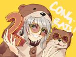  1girl animal_costume bangs bow buttons congratulations eyebrows_visible_through_hair green_eyes grey_hair grin highres holding miyu_ottavia multicolored_hair nijisanji nijisanji_id otter otter_costume otter_girl potatomato red_hair round_eyewear simple_background smile solo streaked_hair two-tone_hair yellow_background 