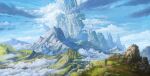  anoc backpack bag city cloud fantasy grass highres landscape mountain original outdoors path rock ruins scenery sky tree walking_stick 