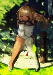  1girl animal_ears arrow_(projectile) bangs blonde_hair blue_sailor_collar blurry blurry_background blurry_foreground blush bow bow_(weapon) brown_gloves check_commentary closed_mouth clothing_cutout commentary_request dark_skin dark_skinned_female day depth_of_field door dress elf eyebrows_visible_through_hair flats gloves grass hair_bow highres hololive hololive_alternative kintsuba_(shiranui_flare) knees knees_together_feet_apart long_hair long_ponytail long_sleeves looking_at_another looking_away looking_to_the_side mismatched_footwear multicolored_hair orange_eyes outdoors panda_ears pointy_ears ponytail quiver sailor_collar sanasedayo shiranui_flare shoes shoulder_cutout sideways_glance single_thighhigh sitting solo_focus stairs stone_floor streaked_hair sunlight thighhighs virtual_youtuber weapon white_hair white_legwear wooden_wall 