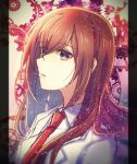  1girl bangs brown_hair collared_shirt eyebrows_visible_through_hair eyes_visible_through_hair hair_between_eyes hair_over_one_eye highres labcoat long_hair makise_kurisu necktie nishijou_myu open_mouth portrait purple_eyes red_neckwear shiny shiny_hair shirt sketch solo steins;gate white_shirt wing_collar 