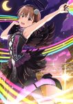  1girl :d armpits bangs black_footwear black_hairband black_skirt black_wings brown_eyes brown_hair crescent_moon feathered_wings hair_between_eyes hairband highres holding k3rd looking_at_viewer miniskirt misaka_mikoto moon night open_mouth outstretched_arm pantyhose purple_legwear purple_sky shiny shiny_hair short_hair skirt smile solo sparkle standing standing_on_one_leg toaru_majutsu_no_index wings 