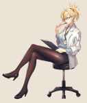  1girl alternate_costume bespectacled black_skirt blonde_hair blue_hair brown_legwear coat doctor glasses high_heels kokutan_kitsunen labcoat long_hair mercy_(overwatch) overwatch pantyhose pen ponytail simple_background skirt solo 