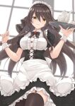  1girl alternate_costume apron black_dress black_hair black_legwear breasts brown_eyes cowboy_shot dress enmaided garter_straps gensoukitan hair_ornament hairclip haruna_(kancolle) highres holding holding_tray kantai_collection long_hair maid maid_apron maid_headdress medium_breasts puffy_short_sleeves puffy_sleeves short_dress short_sleeves solo standing thighhighs tray waist_apron white_apron wrist_cuffs 