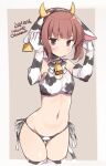  1girl alternate_costume animal_ears animal_print ass_visible_through_thighs bell bikini border brown_eyes brown_hair cow_ears cow_horns cow_print cow_tail cowbell cowboy_shot ear_tag elbow_gloves fake_animal_ears fake_horns flat_chest gloves grey_background horns kantai_collection looking_at_viewer odawara_hakone short_hair solo swimsuit tail thighhighs two-tone_background white_bikini white_border white_gloves white_legwear z3_max_schultz_(kancolle) 
