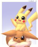  2021 all_fours ambiguous_gender angry blue_background brown_body brown_fur climbing coffeefly duo eevee fur head_tuft hi_res nintendo open_mouth pikachu pok&eacute;mon pok&eacute;mon_(species) shaded simple_background tongue tuft video_games yellow_body yellow_fur 