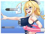  1girl air_bubble arm_strap bare_shoulders blonde_hair blue_eyes book breasts bubble commentary_request dildo glasses hat i-8_(kancolle) kantai_collection large_breasts low_twintails name_tag one-piece_swimsuit open_mouth peaked_cap red-framed_eyewear sailor_hat school_swimsuit semi-rimless_eyewear sex_toy solo submerged swimsuit torpedo tsusshi twintails under-rim_eyewear underwater 