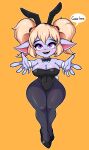  blonde_hair blue_body blue_skin bunny_costume clothing costume female footwear hair hi_res high_heels humanoid humanoid_pointy_ears league_of_legends marshort meme pigtails playboy_bunny poppy_(lol) purple_eyes riot_games shoes solo thick_thighs video_games wide_hips yordle 