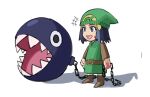 1girl ball_and_chain_(weapon) blood blue_eyes blue_hair chain chain_chomp chibi cosplay dawn_(pokemon) green_tunic hat highres hylian_shield link link_(cosplay) mario_(series) master_sword open_mouth pokemon pokemon_(game) pokemon_dppt saiykik sharp_teeth solo teeth the_legend_of_zelda the_legend_of_zelda:_link&#039;s_awakening tunic 