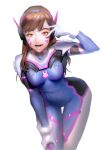  1girl bangs bent_over brown_hair d.va_(overwatch) facial_mark headphones kokutan_kitsunen overwatch pilot_suit simple_background solo swept_bangs v whisker_markings white_background yellow_eyes 