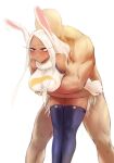  1boy 1girl animal_ears bald bare_shoulders boku_no_hero_academia breasts bunny_ears clothed_female_nude_male dark_skin faceless faceless_male fur_collar gloves hetero highres large_breasts long_hair mirko nude pussy_juice red_eyes sex sex_from_behind shpo sweat thighhighs very_long_hair white_hair 