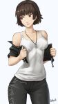  1girl bare_shoulders blue_background breasts brown_hair commentary jewelry necklace niijima_makoto ozkh pants persona persona_5 persona_5_scramble:_the_phantom_strikers red_eyes shirt short_hair signature simple_background solo tight tight_pants white_shirt 