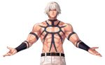  1boy abs bangs belt biceps black_belt closed_mouth collarbone commentary_request cowboy_shot evilgun hair_between_eyes highres lips looking_at_viewer male_focus muscular muscular_male navel nipples orange_eyes orochi_(kof) outstretched_arms pants pectorals serious shirtless short_hair simple_background solo spread_arms standing stomach tattoo the_king_of_fighters the_king_of_fighters_&#039;97 white_background white_hair white_pants wristband 