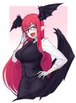  1girl :d bat_wings bespectacled black-framed_eyewear black_neckwear black_skirt black_vest black_wings breasts collared_shirt cowboy_shot cropped_legs fang glasses gloves haiiro_gundan head_wings highres koakuma large_breasts long_hair long_sleeves looking_at_viewer necktie open_mouth pink_background pointy_ears red_eyes red_hair shirt simple_background skirt skirt_set smile solo touhou vest white_gloves white_shirt wing_collar wings 