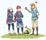  1girl 2boys bangs blonde_hair blue_eyes blue_hair female_protagonist_(pokemon_legends:_arceus) floating_scarf francisco_mon gloves hair_ornament hat head_scarf highres hylian_shield link long_hair male_protagonist_(pokemon_legends:_arceus) multiple_boys open_mouth pointy_ears poke_ball_(legends) pokemon pokemon_(game) pokemon_legends:_arceus red_scarf scarf scarf_over_mouth smile the_legend_of_zelda the_legend_of_zelda:_breath_of_the_wild undershirt 