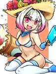  1girl :d angolmois_(lord_of_vermilion) bikini breasts cloud eyebrows_visible_through_hair food gradient_hair hair_intakes hat highres ice_cream kyuu_(ost) long_hair looking_at_viewer lord_of_vermilion multicolored_hair navel open_mouth oversized_food smile solo striped striped_bikini swimsuit thighhighs 