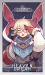  1girl ;o absurdres black-framed_eyewear blonde_hair copyright_name dated glasses gloves highres long_sleeves looking_at_viewer one_eye_closed pixiv_fantasia_mountain_of_heaven pouch red_eyes red_gloves short_hair simple_background solo upper_body yuushoku 