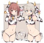  2girls alternate_costume animal_ears animal_print aqua_eyes bangs bell bikini breasts brown_eyes brown_hair closed_mouth cow_ears cow_print cow_tail cowbell ear_tag elbow_gloves eyebrows_visible_through_hair fake_animal_ears gloves grey_hair heart heart_tail horns kantai_collection multiple_girls odawara_hakone open_mouth short_hair side-tie_bikini sidelocks simple_background small_breasts sweat swimsuit tail thighhighs two-tone_background z1_leberecht_maass_(kancolle) z3_max_schultz_(kancolle) 