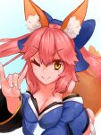  1girl animal_ear_fluff animal_ears bare_shoulders blue_background blue_kimono blue_ribbon breasts cleavage collarbone detached_sleeves eyebrows_visible_through_hair fate/extella fate/extra fate/extra_ccc fate/grand_order fate_(series) fox_ears fox_girl fox_shadow_puppet fox_tail hair_ribbon highres japanese_clothes kimono large_breasts looking_at_viewer one_eye_closed pink_hair ribbon simple_background smile solo tail tamamo_(fate)_(all) tamamo_no_mae_(fate) yellow_eyes 