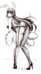  1girl animal_ears ass bare_shoulders boa_(brianoa) breasts bunny_ears bunny_tail detached_collar fake_animal_ears greyscale grisaia_(series) grisaia_no_kajitsu highres leotard long_hair looking_at_viewer monochrome pantyhose playboy_bunny sakaki_yumiko solo strapless tail 