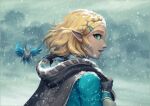  1girl bird blonde_hair blue_shirt braid cape falling_snow french_braid gloves green_eyes hood jasqreate looking_back princess_zelda shirt snow the_legend_of_zelda the_legend_of_zelda:_breath_of_the_wild 