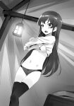  1girl blush blush_stickers changing_clothes embarrassed greyscale highres isekai_wa_smartphone_to_tomo_ni. lifted_by_self long_hair looking_at_viewer monochrome navel nia_belmott open_mouth panties shirt_lift solo tent thighhighs underwear undressing usatsuka_eiji 