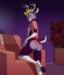  anthro antlers armchair balls belly blonde_hair blue_eyes butt butt_markings cervid chair clothed clothing cloven_hooves damon_fallow fur furniture genitals hair hand_on_leg hand_on_thigh hi_res hooves horn kadzukai looking_at_viewer male mammal markings on_knee plant potted_plant purple_body purple_fur raised_clothing raised_shirt raised_topwear reddened_butt ribbons shirt solo spank_marks spanked_butt spanking tail_bow tail_ribbon text topwear underhoof url white_belly white_markings 