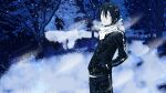  1boy aqua_eyes black_hair gym_uniform hands_in_pockets headstro highres long_image looking_away male_focus noragami pale_skin plant short_hair snow snowing standing tree uniform wide_image winter yato_(noragami) 