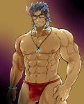  1boy abs bara black-framed_eyewear broken_horn bulge cowboy_shot dark dark_blue_hair demon_boy demon_horns facial_hair fang fiery_horns fundoshi glowing glowing_eyes grin highres horns japanese_clothes jewelry kouyas_125 large_pectorals long_sideburns male_focus mature_male muscular muscular_male navel necklace nipples red_male_underwear short_hair sideburns smile solo stomach stubble takemaru_(tokyo_houkago_summoners) thick_eyebrows thick_thighs thighs tokyo_houkago_summoners underwear underwear_only 