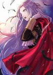  1girl black_feathers black_jacket blurry blurry_foreground cape edelgard_von_hresvelg fire_emblem fire_emblem:_three_houses floating_hair from_side garreg_mach_monastery_uniform gloves hair_ribbon hand_in_hair highres jacket long_hair long_sleeves military military_uniform misica open_mouth purple_ribbon red_cape ribbon silver_eyes silver_hair solo standing uniform very_long_hair white_gloves white_neckwear 