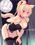  1girl animal_ear_fluff animal_ears bangs bare_shoulders bell black_legwear black_panties blonde_hair bow bow_panties breasts cat_ears cleavage collar collarbone commentary cowboy_shot curtains english_commentary eyebrows_visible_through_hair frilled_panties frills full_moon garter_straps grin hair_bow hand_on_own_thigh highres large_breasts leaning_forward lingerie looking_at_viewer moon neck_bell night night_sky nottytiffy original panties patreon_username ponytail red_bow red_collar red_eyes sky slit_pupils smile solo star_(sky) starry_sky strap_pull tail teeth thick_thighs thighhighs thighs tiffy_(nottytiffy) underwear watermark web_address white_curtains 