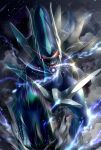  8686island blurry commentary_request dialga energy_ball gen_4_pokemon glowing glowing_eyes highres incoming_attack legendary_pokemon looking_at_viewer motion_blur no_humans open_mouth pokemon pokemon_(creature) red_eyes sharp_teeth shiny smoke solo teeth tongue 