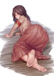  1girl absurdres aomoro arm_support armband ass bags_under_eyes barefoot black_hair brown_eyes crossed_ankles dated feet floor foot_focus from_behind full_body highres long_hair long_skirt looking_at_viewer looking_back lying messy_hair no_shoes pieck red_armband red_skirt shingeki_no_kyojin simple_background skirt smile soles solo toenails toes trench_coat 