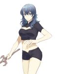  1girl bangs black_shorts blue_eyes blue_hair breasts byleth_(fire_emblem) byleth_(fire_emblem)_(female) cleavage cleavage_cutout closed_mouth clothing_cutout cowboy_shot crop_top eyebrows_visible_through_hair fire_emblem fire_emblem:_three_houses frown groin hair_between_eyes highres holding holding_sword holding_weapon long_hair looking_at_viewer medium_breasts midriff nanao_parakeet navel shiny shiny_hair short_shorts short_sleeves shorts simple_background sketch solo standing stomach sword weapon white_background 