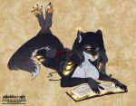  2021 4_toes 5_fingers alishka anthro areola barefoot black_hair book breasts canid canine claws digital_media_(artwork) feet female fingers gold_markings gold_nose gold_pawpads hair mammal markings nipples pawpads paws reading smile solo spread_toes toe_claws toes yellow_eyes 