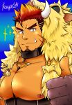  1boy animal_hood bara bare_pecs chest_harness facial_hair fang forked_eyebrows goatee gullinbursti_(tokyo_houkago_summoners) harness highres hood kouyas_125 large_pectorals looking_at_viewer male_focus mature_male muscular muscular_male nipples portrait short_hair sideburns smile solo sparkle spiked_hair thumbs_up tokyo_houkago_summoners upper_body 
