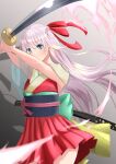  1girl absurdres blue_eyes commentary_request dress eyebrows_visible_through_hair hair_ribbon highres hilt holding holding_sword holding_weapon japanese_clothes katana kimono long_hair obi okoto0723 original pink_hair red_dress red_ribbon ribbon sash simple_background smile solo standing sword weapon 