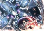  1boy absurdres black_footwear boots commentary_request d-wheel dragon duel_monster from_below fudou_yuusei glint ground_vehicle highres motion_blur motor_vehicle nakagawa_kanon_(pixiv32798535) sky sparkle star_(sky) stardust_dragon starry_sky yu-gi-oh! yu-gi-oh!_5d&#039;s 