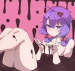  1girl ahoge chocolate chocolate_bath chocolate_on_body chocolate_on_legs commentary food food_on_body hair_ribbon half-closed_eyes heart highres holding holding_chocolate holding_food knees_up looking_at_viewer nude pink_background purple_eyes purple_hair ribbon short_hair_with_long_locks sidelocks sitting solo toriniku29 valentine vocaloid voiceroid yuzuki_yukari 