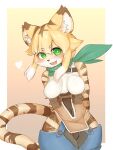  2020 3:4 anthro blonde_hair blush breasts clothed clothing felid female fur green_eyes hair hi_res kemono looking_at_viewer mammal mia_(world_flipper) open_mouth p_kiwi pantherine portrait scarf solo stripes three-quarter_portrait tiger world_flipper yellow_body yellow_fur 