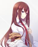  1girl bangs brown_hair collared_shirt eyebrows_visible_through_hair from_side grey_background hair_between_eyes highres labcoat long_hair long_sleeves makise_kurisu necktie nishijou_myu parted_lips purple_eyes red_neckwear shiny shiny_hair shirt simple_background sketch solo steins;gate straight_hair very_long_hair white_shirt wing_collar 