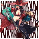  1boy 1girl axl_low bandana belt belt_buckle black_choker black_hair blonde_hair boots breasts brown_gloves buckle chain choker cleavage cropped_jacket electric_guitar english_commentary fingerless_gloves glasses gloves guilty_gear guilty_gear_strive guitar hat holding holding_instrument holding_weapon i-no instrument jacket kama_(weapon) large_breasts letterman_jacket long_hair loose_belt mole mole_above_mouth nbtkm open_clothes open_jacket pants plaid red_headwear red_jacket red_shorts rimless_eyewear short_hair shorts showgirl_skirt sickle smile solo thigh_boots thighhighs weapon witch_hat 
